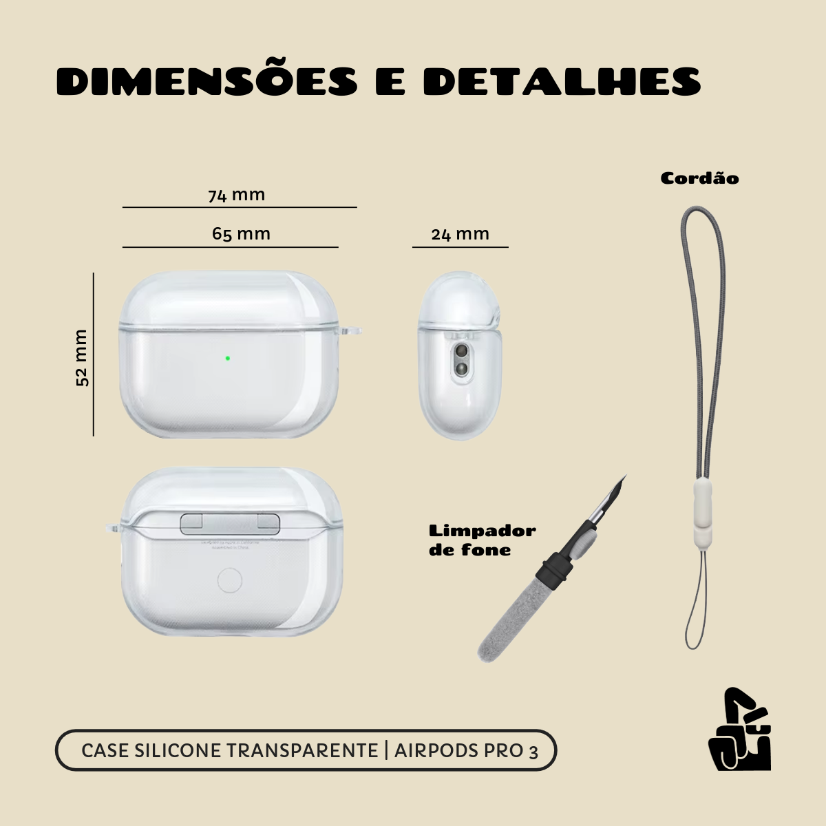 Kit Limpador para Fones e Capa Protetora de Silicone Nerdcase para AirPods Pro 3, Transparente