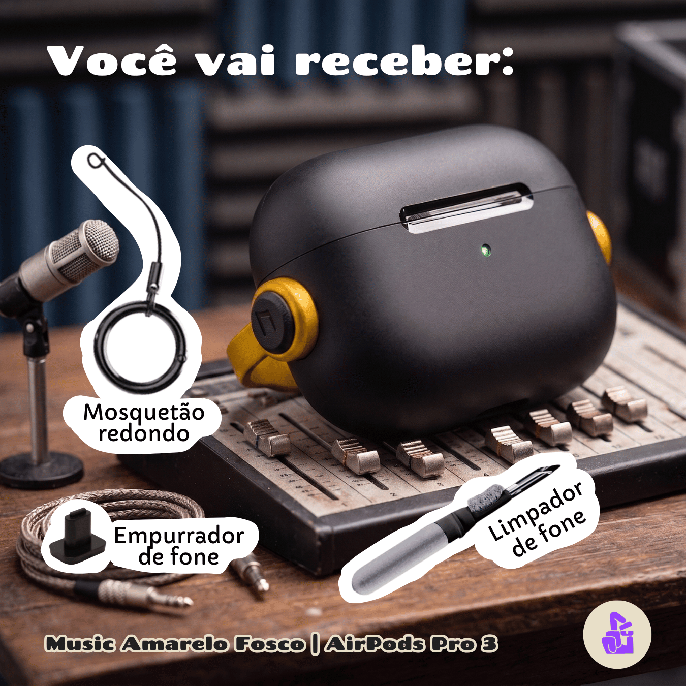 Capa Protetora de Silicone Nerdcase para AirPods Pro 3, Music Preta com detalhe Amarelo