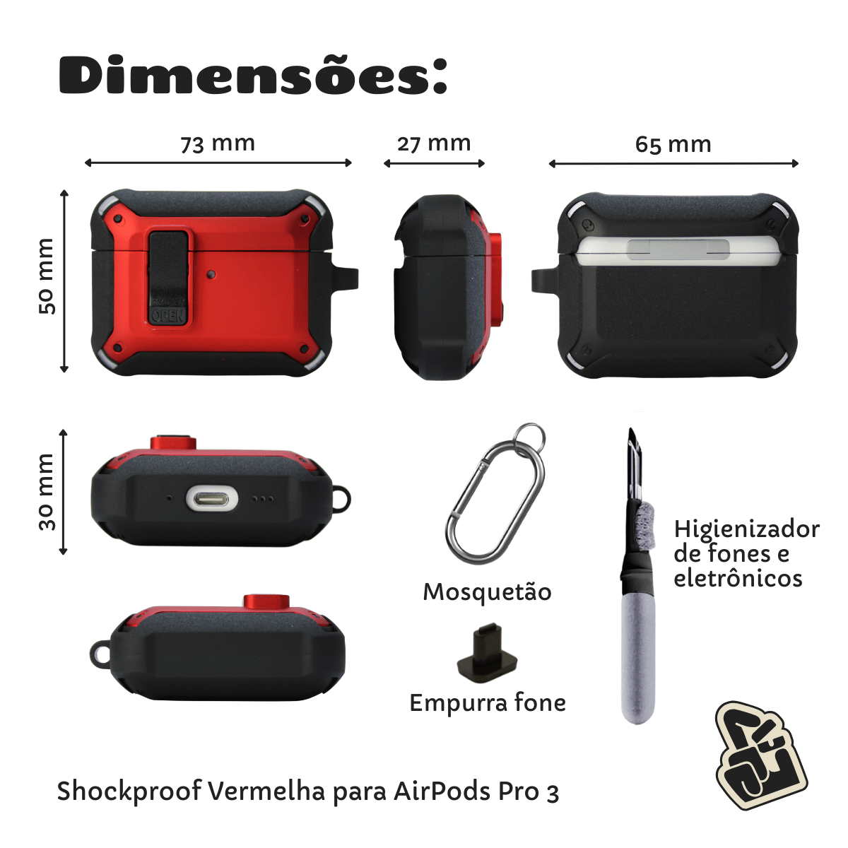 Kit Limpador para Fones e Capa Protetora Nerdcase para AirPods Pro 3, Shockproof Vermelho e Preto