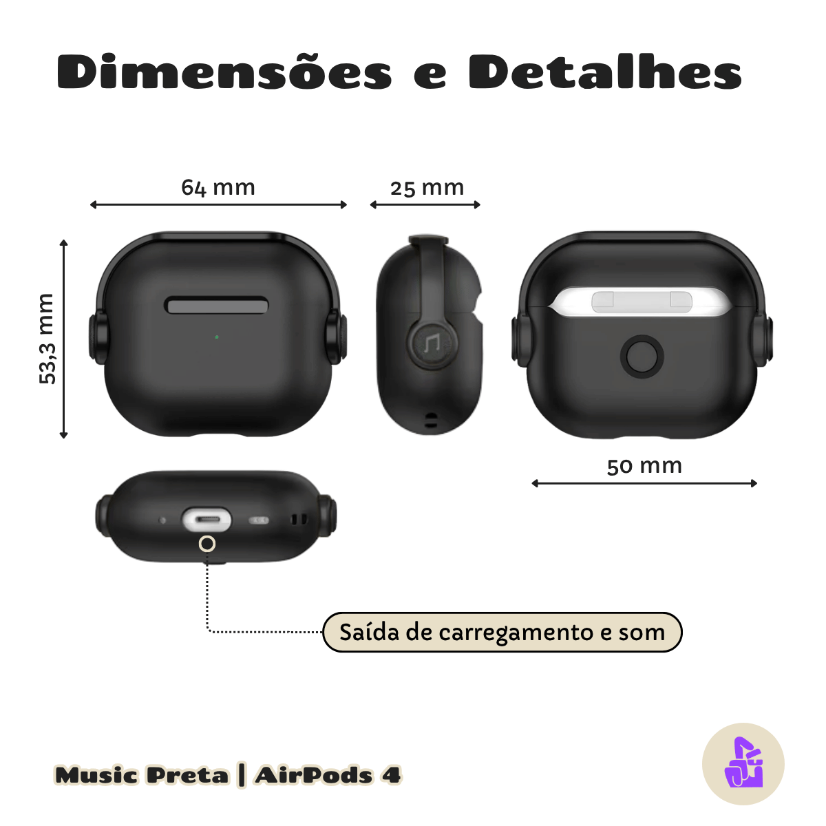 Capa Protetora de Silicone Nerdcase para AirPods 4, Music Preta
