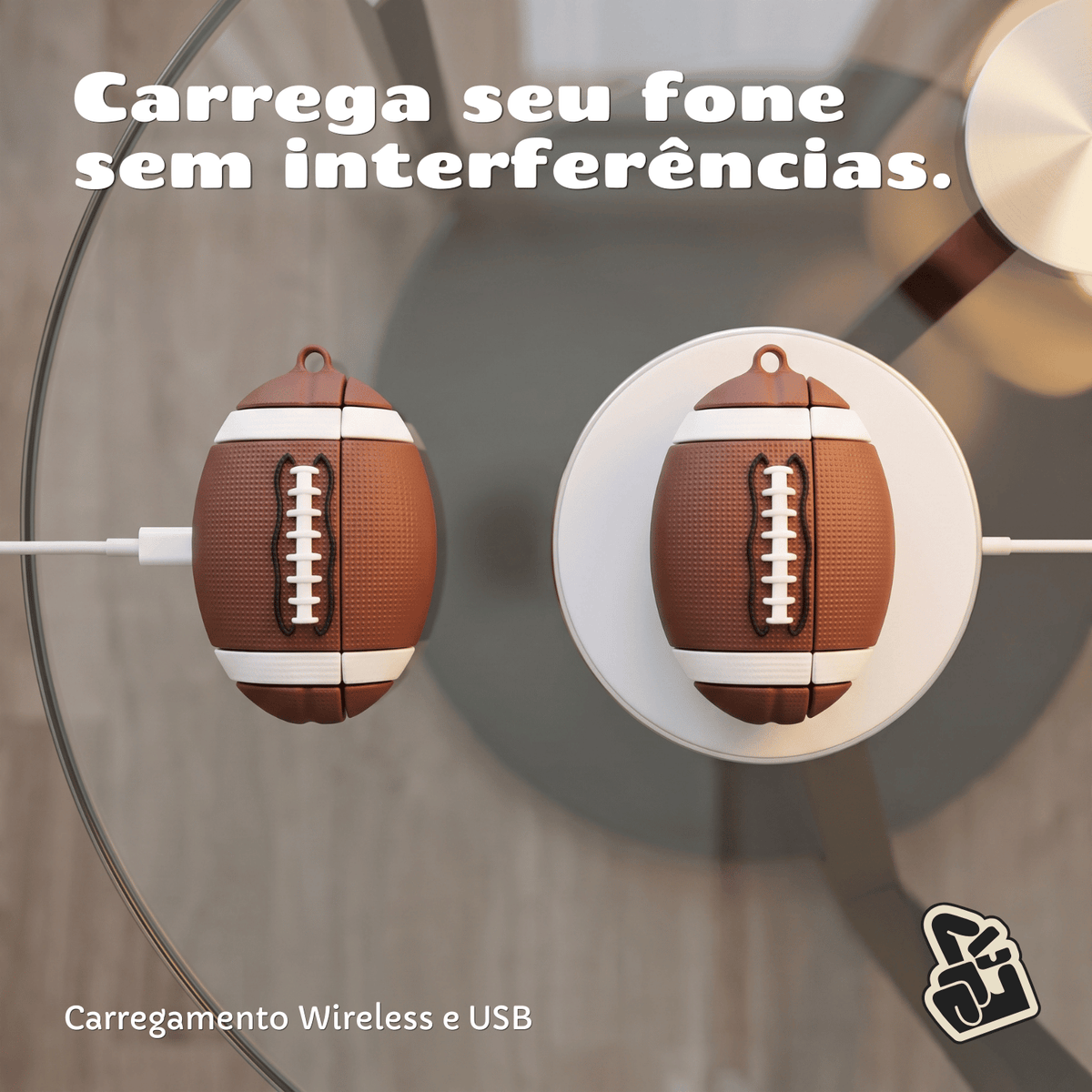 Kit Limpador para Fones e Capa Protetora Nerdcase para AirPods Pro 1 e 2, Silicone, Bola de Futebol Americano