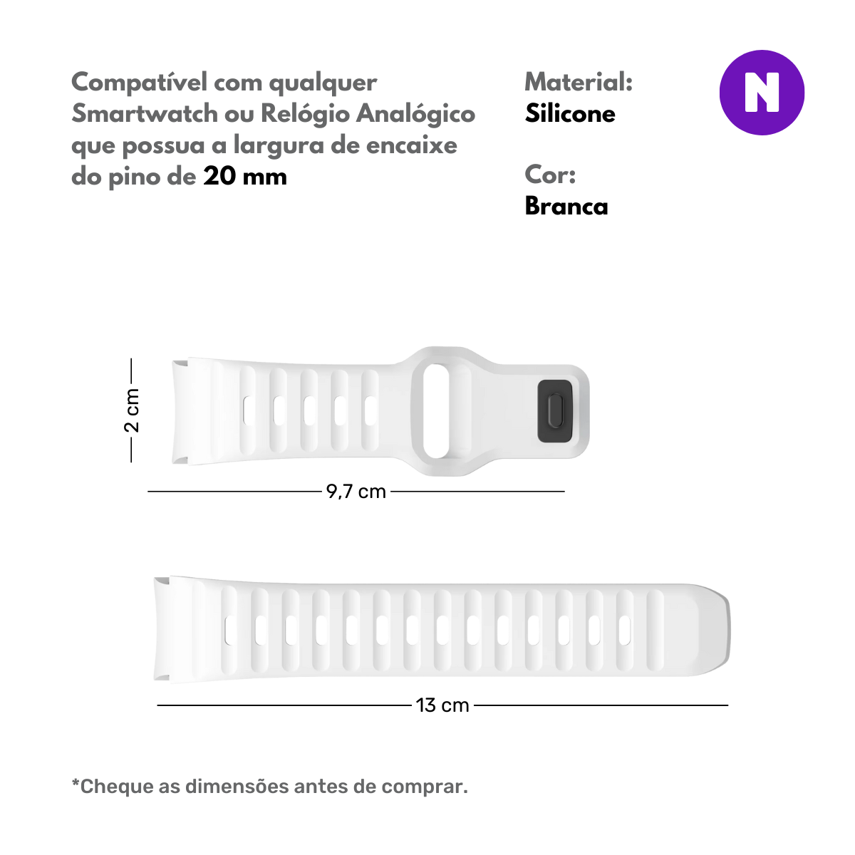 Pulseira 20mm entre Pinos para Samsung Galaxy Watch, Silicone, Branco