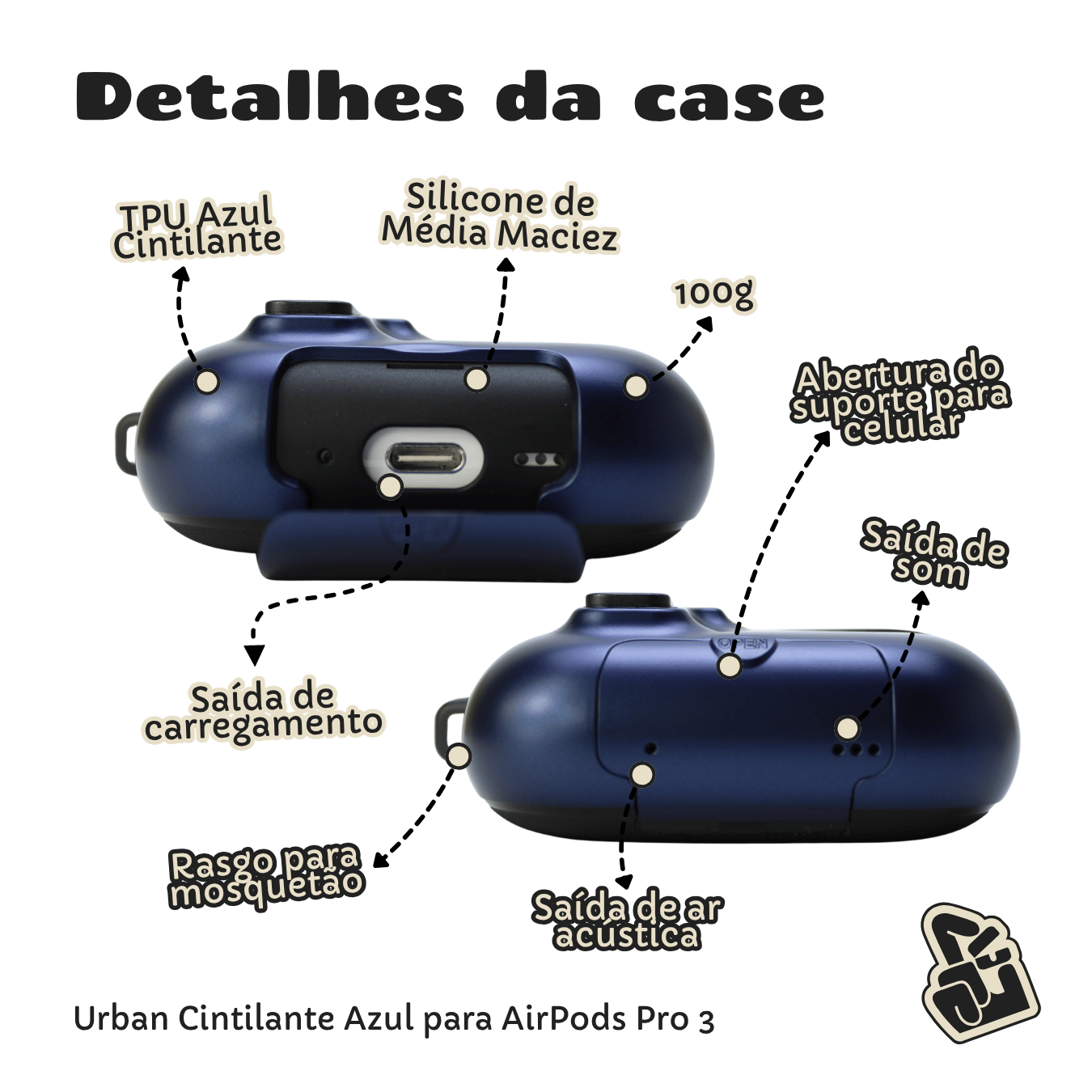Capa Protetora de Silicone Nerdcase para AirPods Pro 3, Suporte Adaptado, Urban Azul Cintilante
