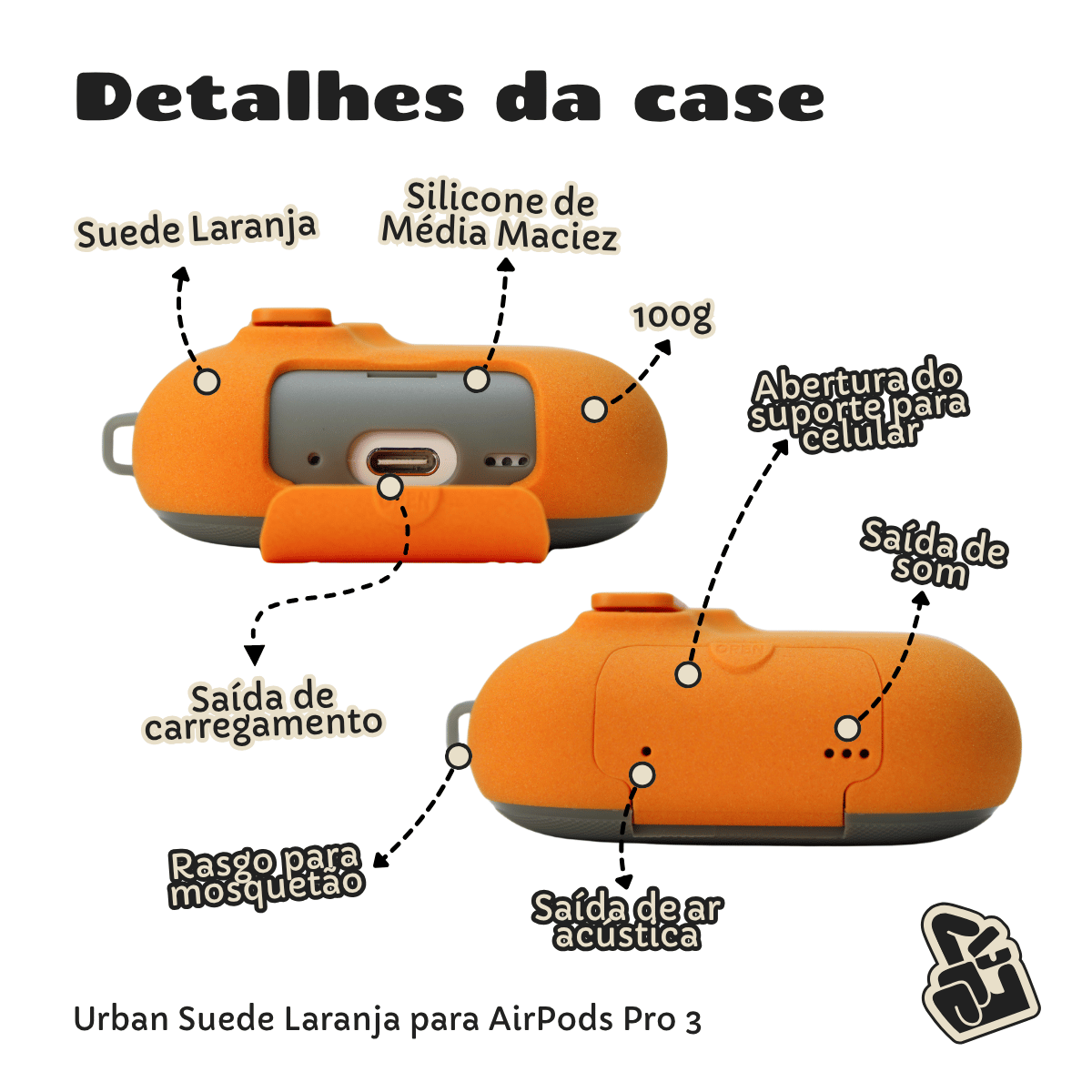 Kit Limpador para Fones e Capa Protetora de Silicone Nerdcase para AirPods Pro 3, Urban Suede Laranja
