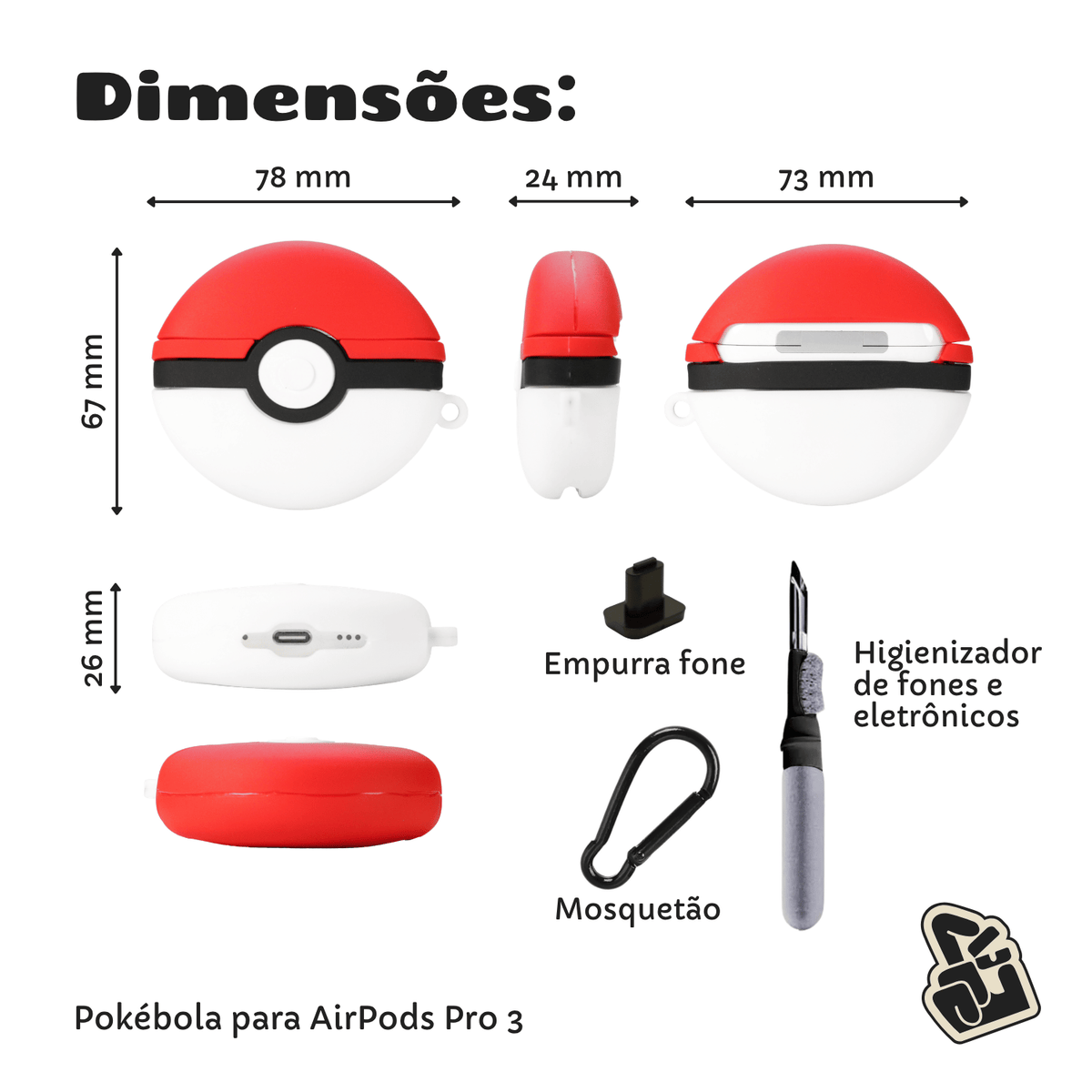 Kit Limpador para Fone e Capa Protetora Nerdcase para AirPods Pro 3, Silicone, Pokebola