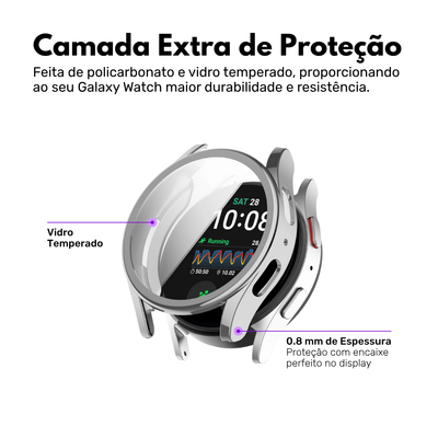 Capa com Película de Vidro Nerdcase Compatível com Samsung Galaxy Watch 6 40mm, Prata Cromado