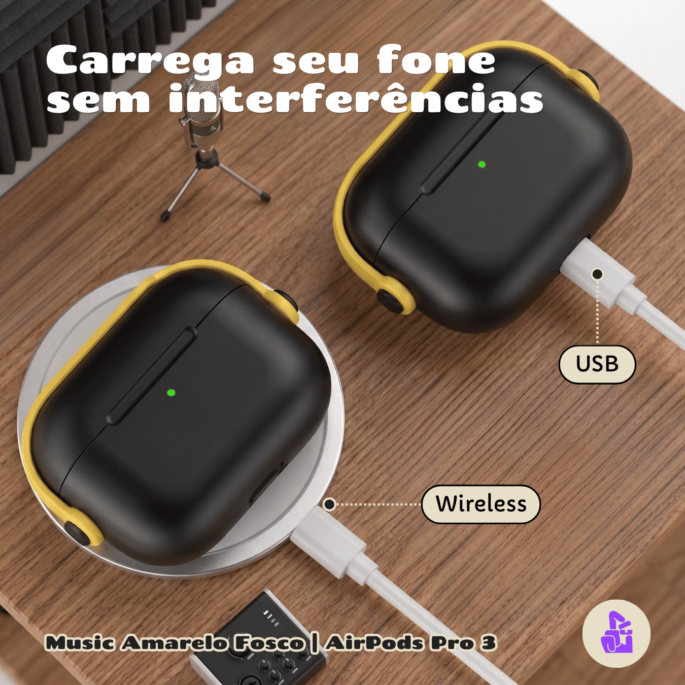 Capa Protetora de Silicone Nerdcase para AirPods Pro 3, Preta com detalhe Amarelo