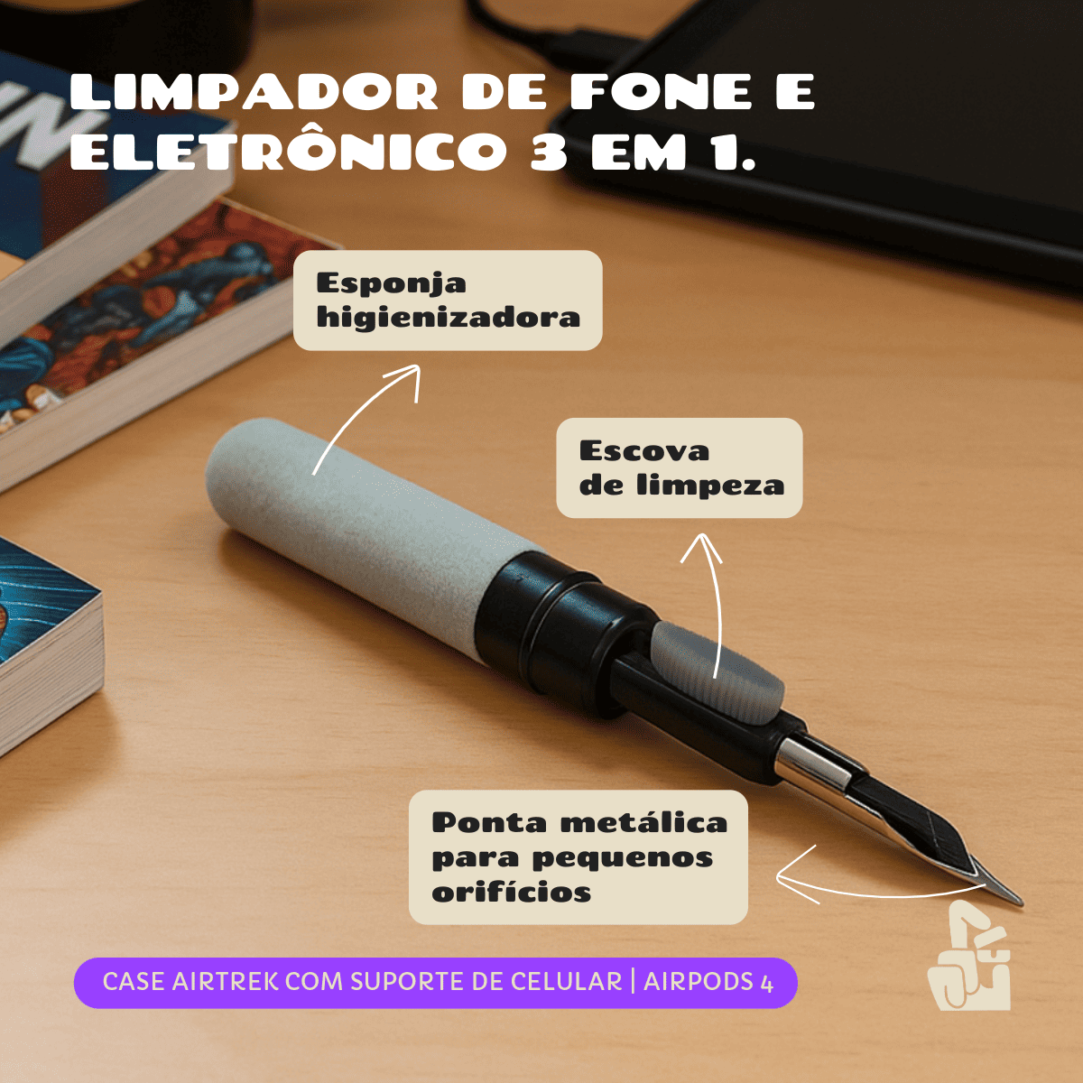 Kit Limpador para Fones e Capa Airtrek Nerdcase para AirPods 4, Suporte Adaptado, Preto e Branco