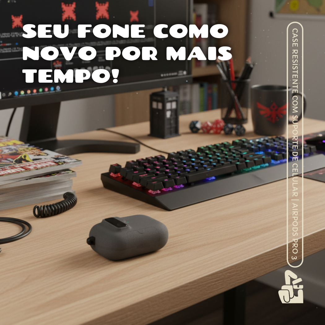 Kit Limpador para Fones e Capa Protetora Nerdcase para AirPods Pro 3, Suporte Adaptado, Silicone Rígido Cinza