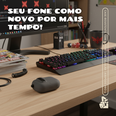 Kit Limpador para Fones e Capa Protetora Nerdcase para AirPods Pro 3, Suporte Adaptado, Silicone Rígido Cinza