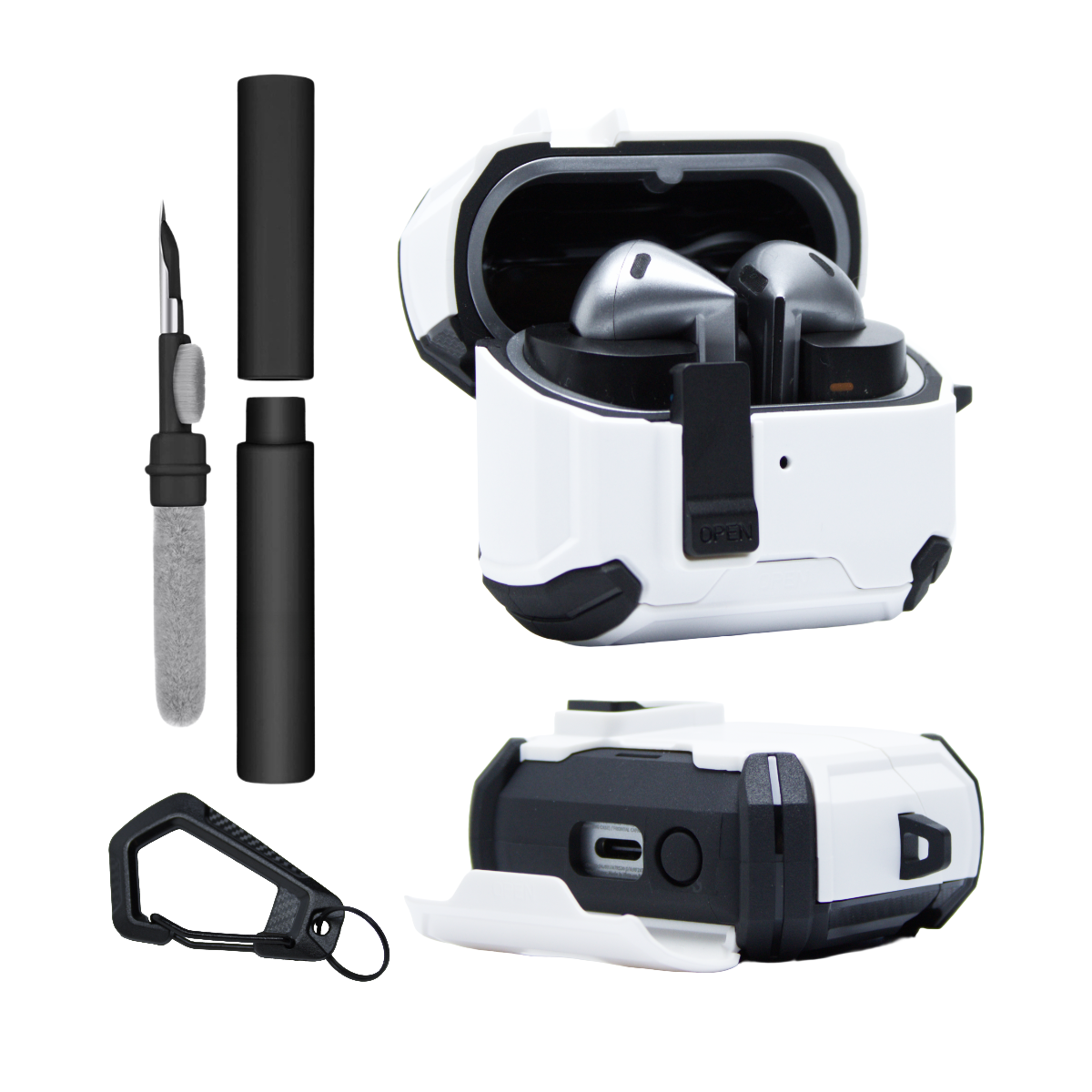 Kit Limpador para Fones e Capa Protetora Airtrek Nerdcase para Samsung Galaxy Buds 3, Buds Pro 3, Buds 3 FE, Preto e Bra