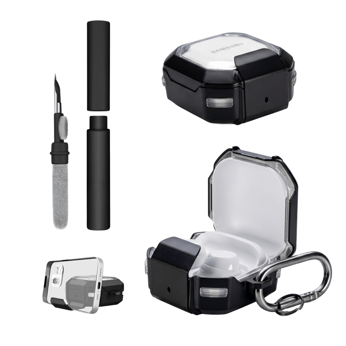 Kit Limpador para fones e Capa Nerdcase para Galaxy Buds FE, Core, 2, Pro e Live, Suporte, Resistente Transparente