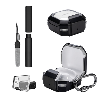 Kit Limpador para fones e Capa Nerdcase para Galaxy Buds FE, Core, 2, Pro e Live, Suporte, Resistente Transparente