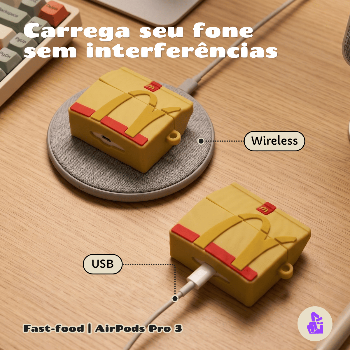 Kit Limpador para Fones e Capa Protetora de Silicone Nerdcase para AirPods Pro 3, Fast Food