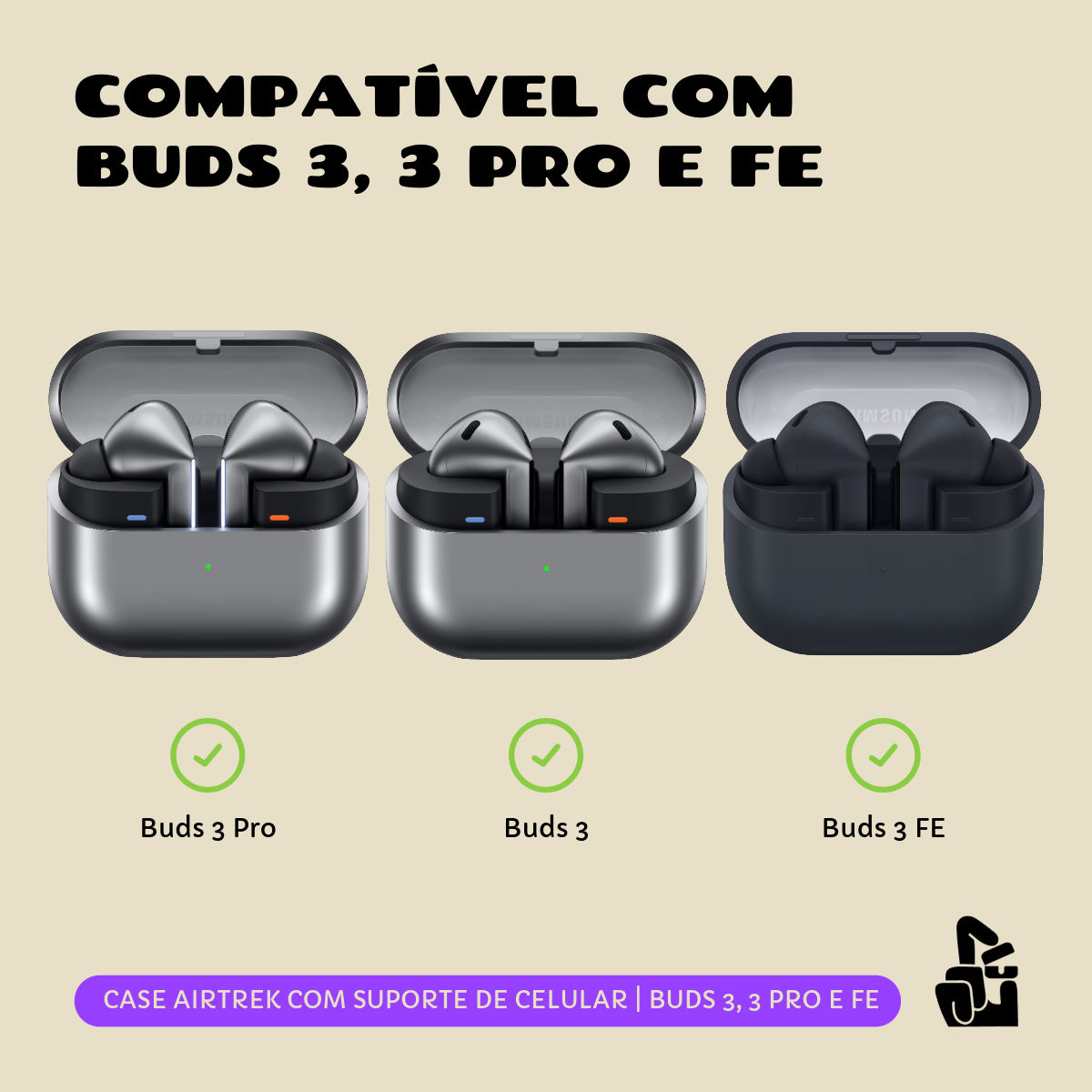 Capa Protetora Airtrek Nerdcase para Galaxy Buds 3, Buds Pro 3, Buds3 FE, Preto e Branco