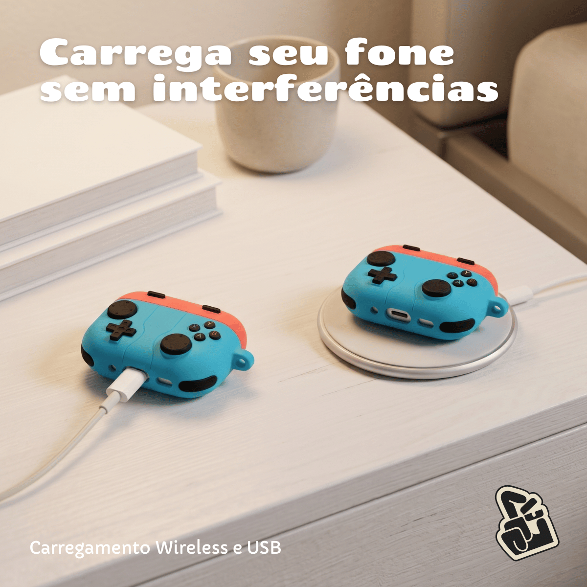 Kit Limpador para Fones e Capa Protetora de Silicone Nerdcase para AirPods Pro 3, Controle Gamer Azul
