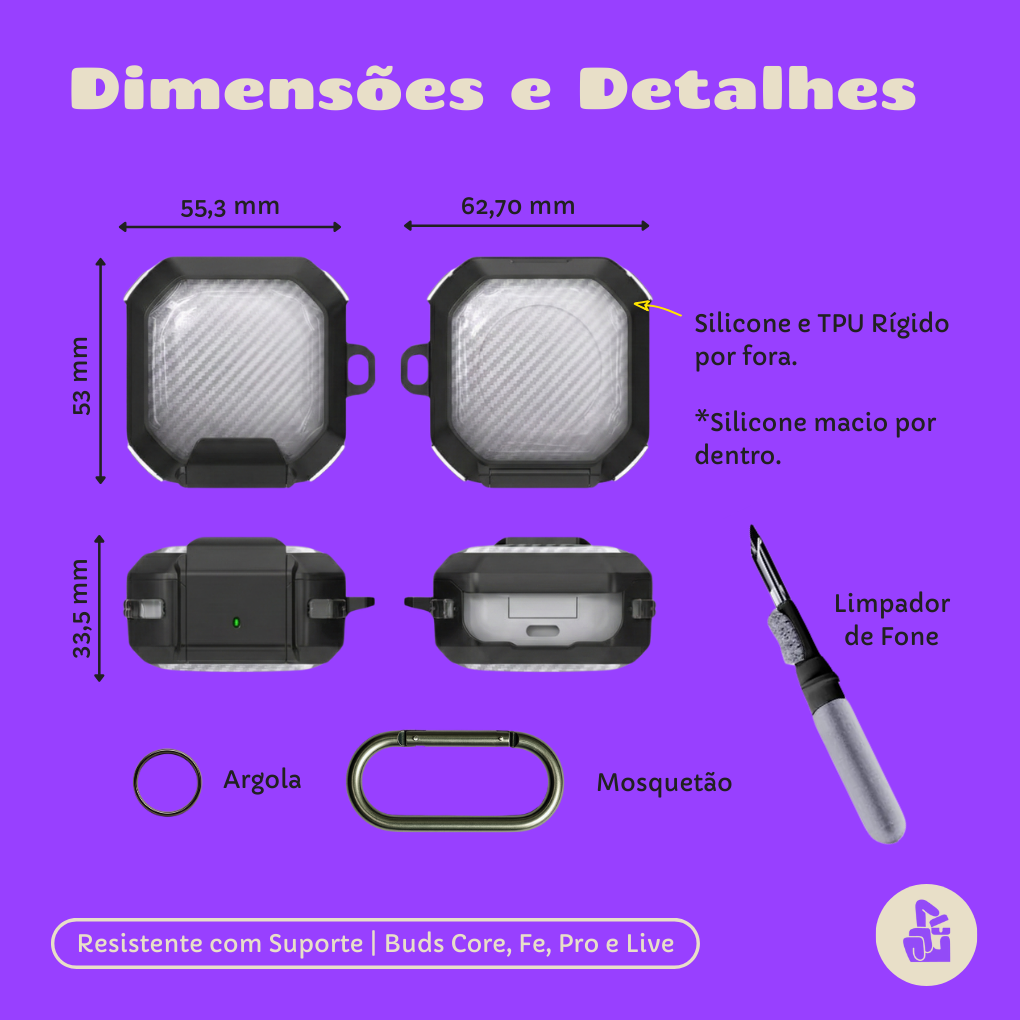 Kit Limpador para fones e Capa Nerdcase para Galaxy Buds FE, Core, 2, Pro e Live, Suporte, Resistente Transparente