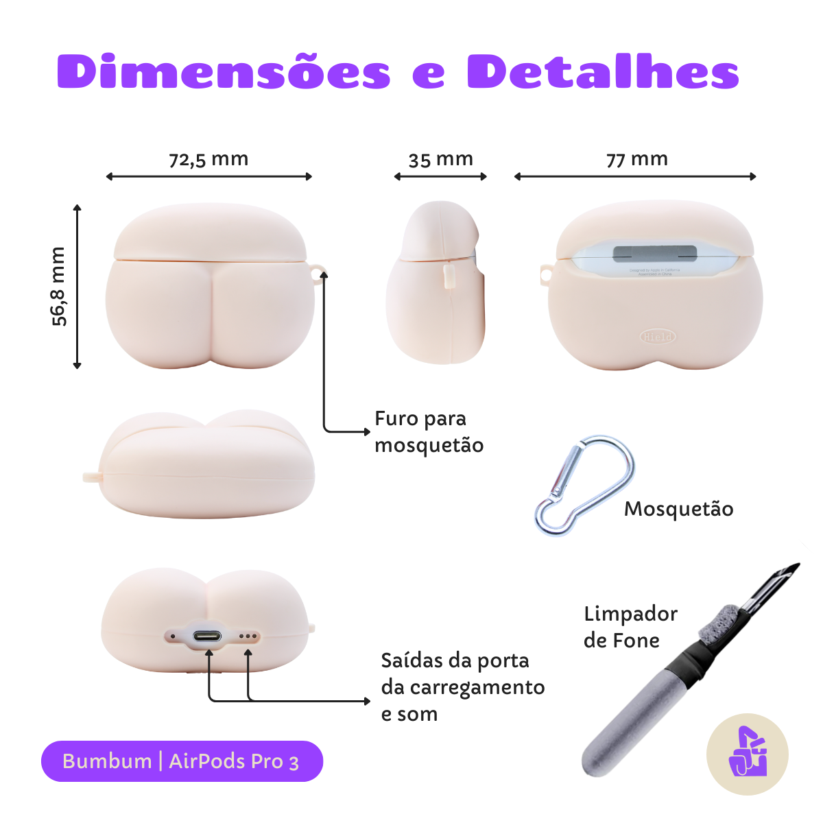 Kit Limpador para Fones e Capa Protetora Nerdcase para AirPods Pro 3, Formato de Bumbum