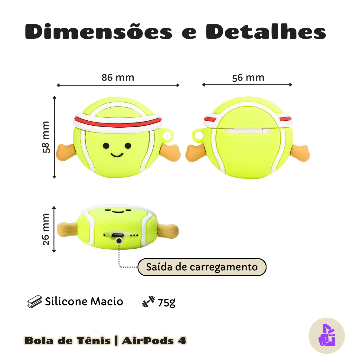 Kit Limpador para Fones e Capa Protetora de Silicone Nerdcase para AirPods 4, Bola de Tênis