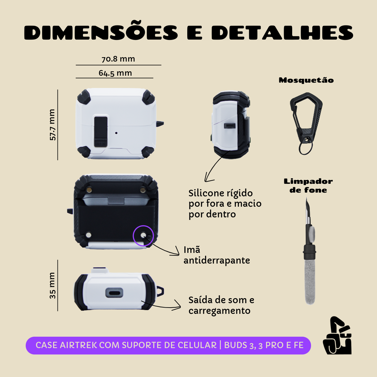 Kit Limpador para Fones e Capa Protetora Airtrek Nerdcase para Samsung Galaxy Buds 3, Buds Pro 3, Buds 3 FE, Preto e Bra