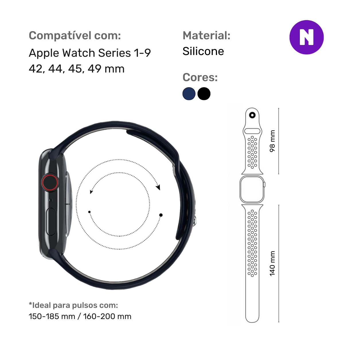 Pulseira 42/44/45/49mm para Apple Watch, Azul Marinho/Preto