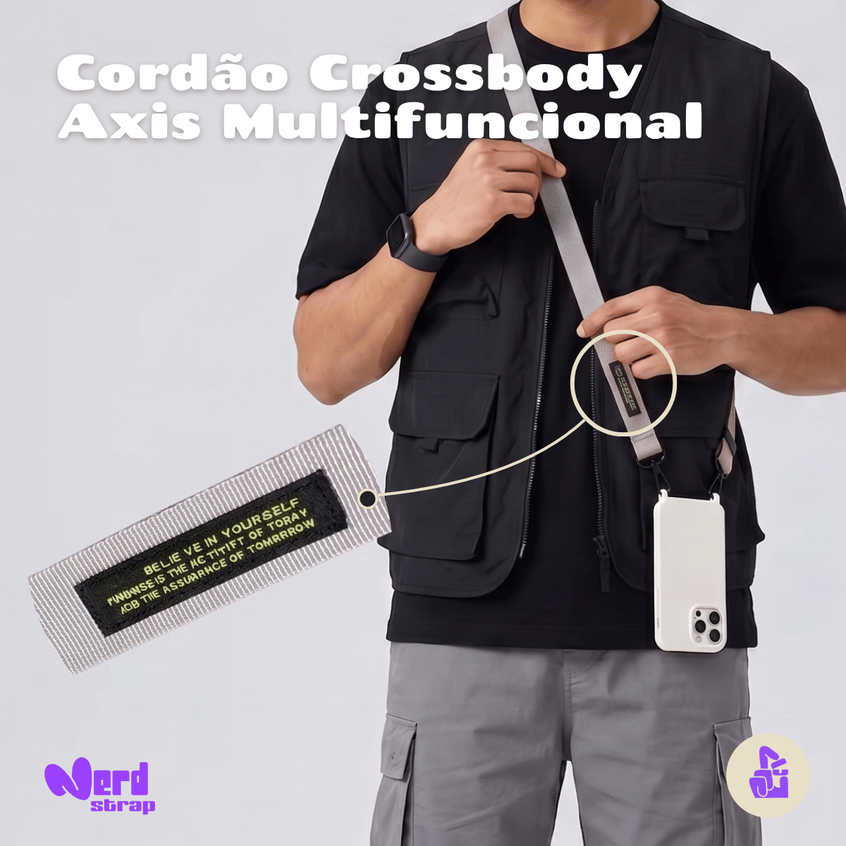 Cordão Faixa Multifuncional Crossbody Axis Nerdcase, Cinza Claro