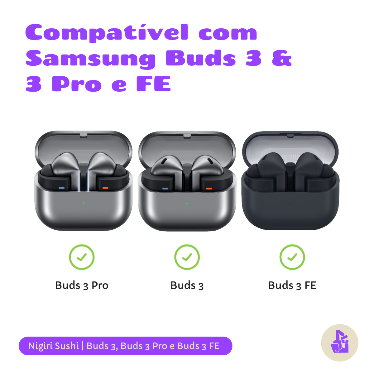 Kit Limpador para Fones e Capa Protetora Nerdcase para Samsung Galaxy Buds 3, Buds 3 Pro, Buds3 Fe, Nigiri Sushi