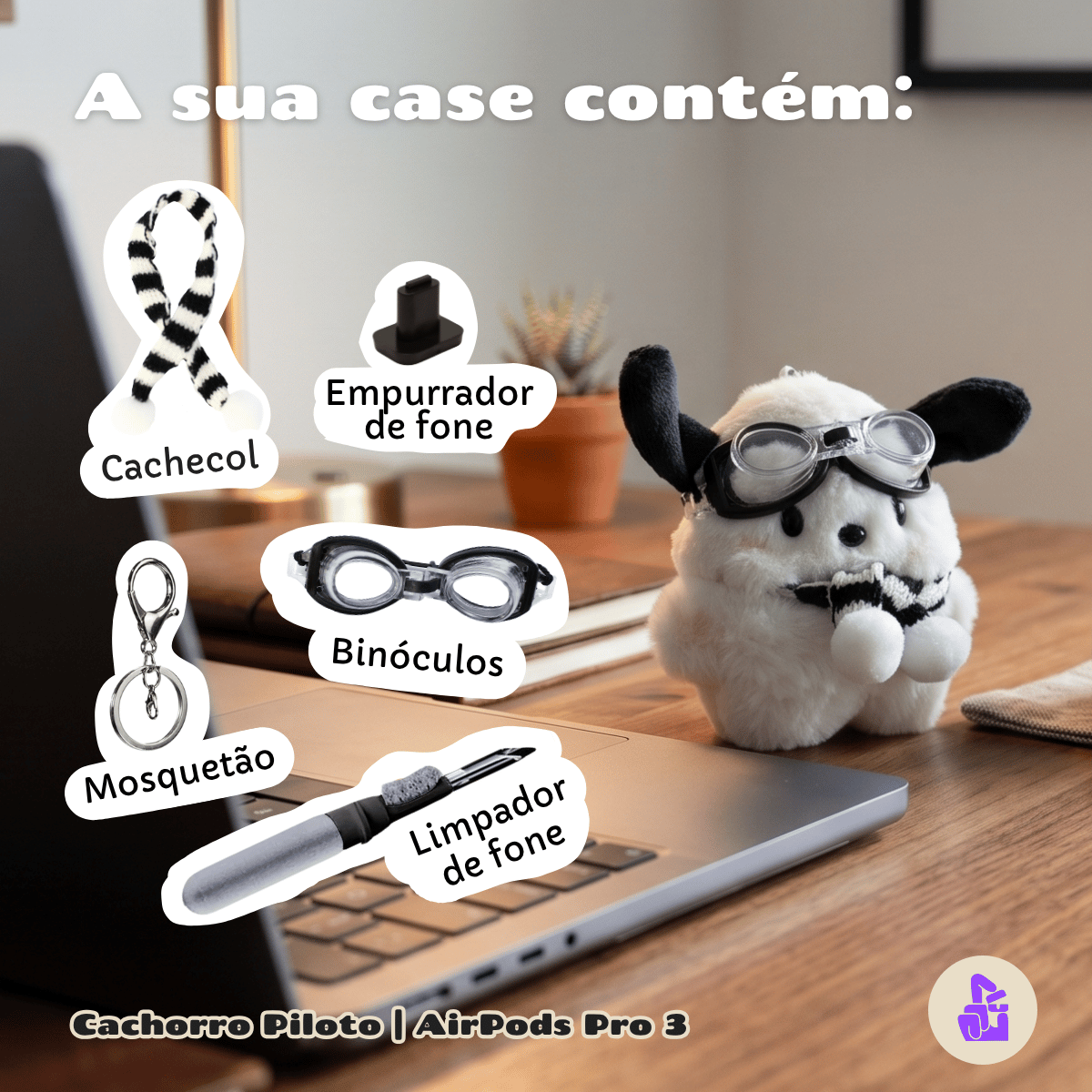 Kit Limpador para Fones e Capa de Pelúcia Nerdcase para AirPods Pro 3, Cachorro Piloto Aviador