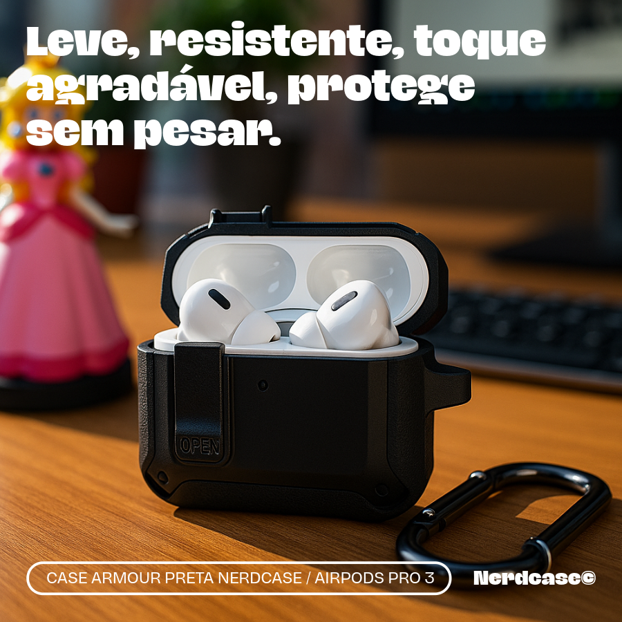 Capa Protetora Armour Nerdcase para Airpods Pro 3, Resistente Preta