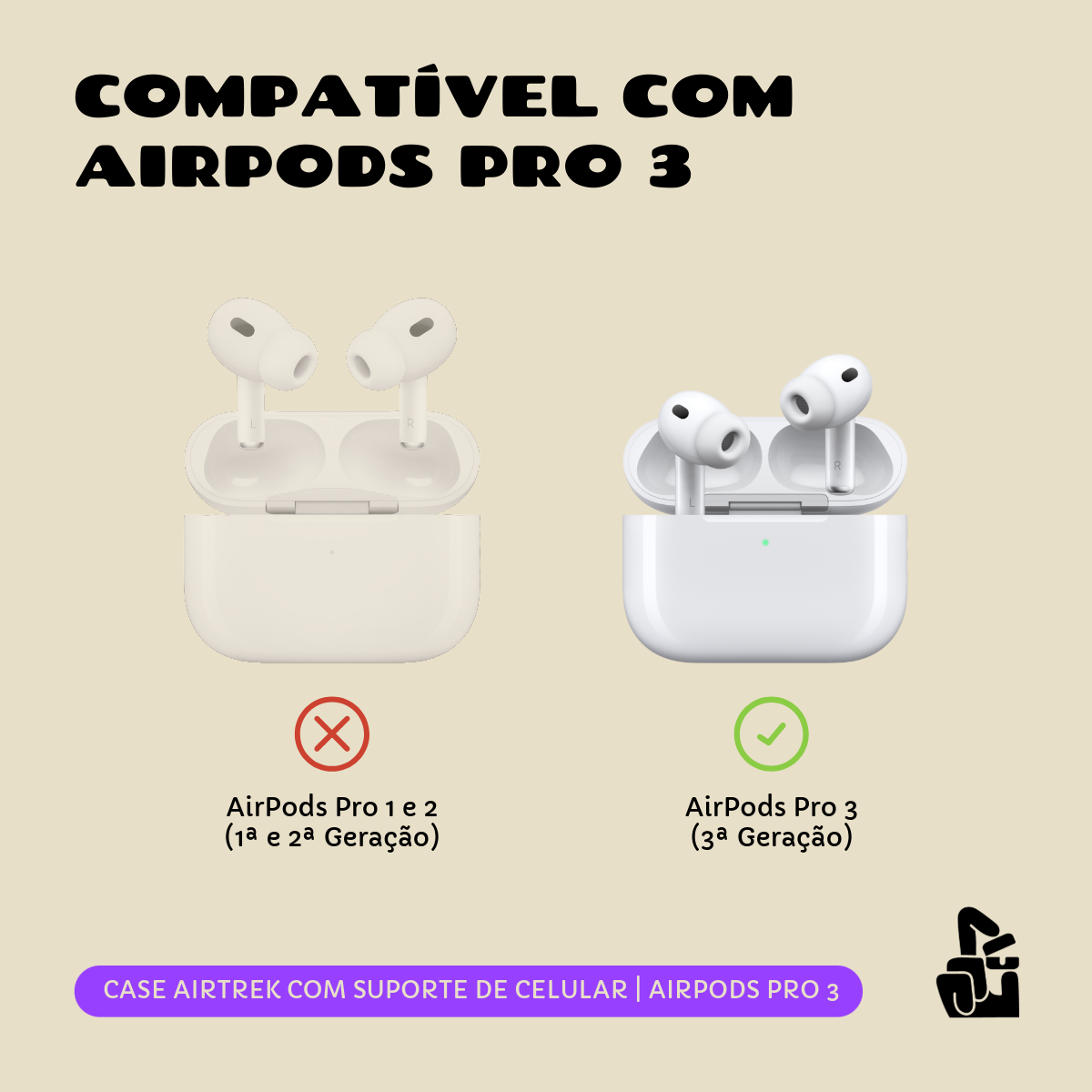 Kit Limpador para Fones e Capa Protetora Airtrek Nerdcase para AirPods Pro 3, Suporte Adaptado, Preto e Branco