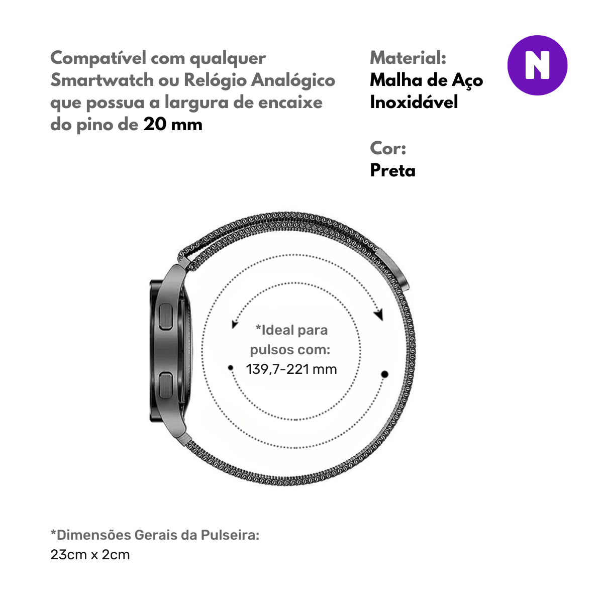 Pulseira 20mm entre Pinos para Samsung Galaxy Watch, Metal, Preto