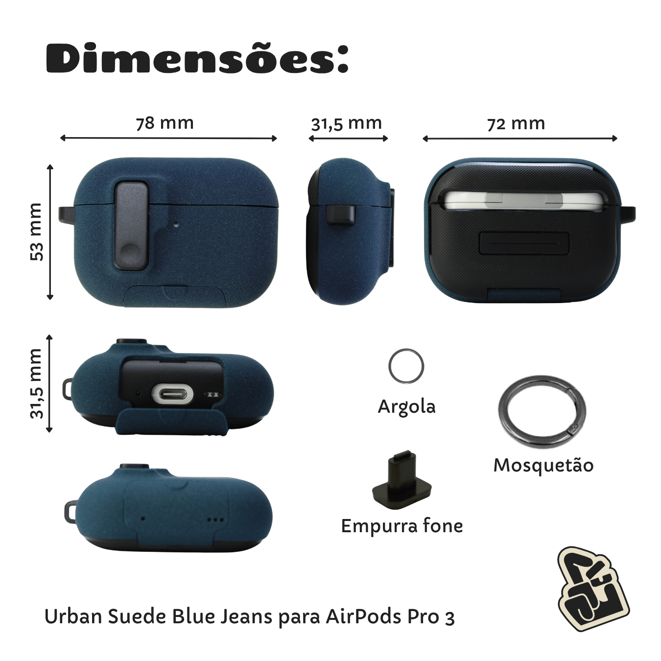 Capa Protetora de Silicone Nerdcase para AirPods Pro 3, Suporte Adaptado, Urban Suede Azul Jeans