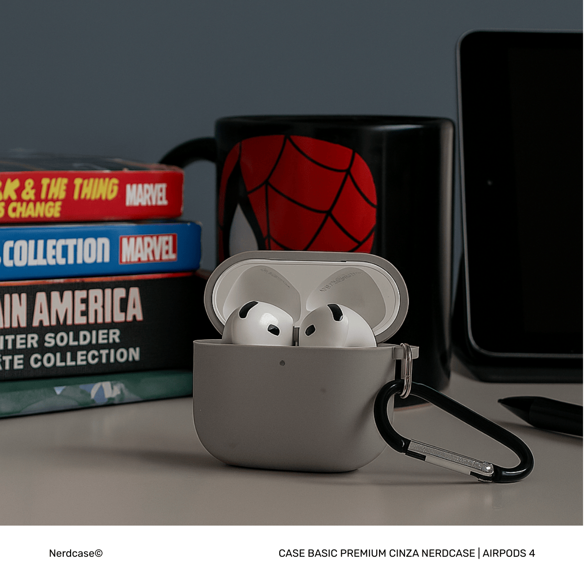 Capa Protetora Nerdcase Compatível com AirPods 4, Silicone Premium, Cinza Escuro
