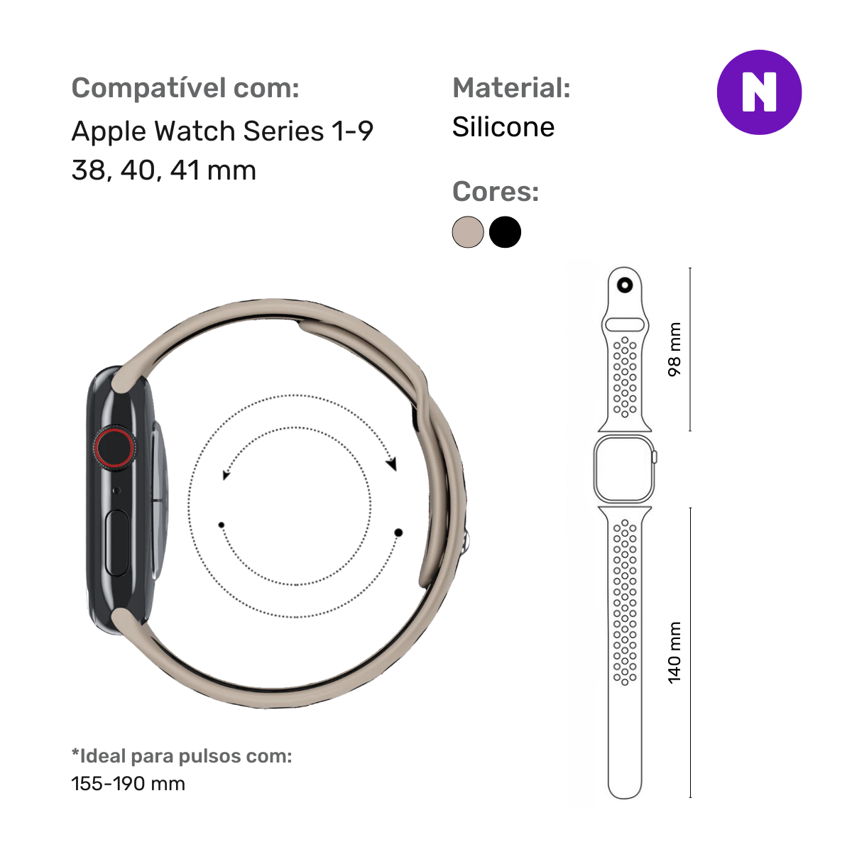 Pulseira 38/40/41mm para Apple Watch, Bege/Preta