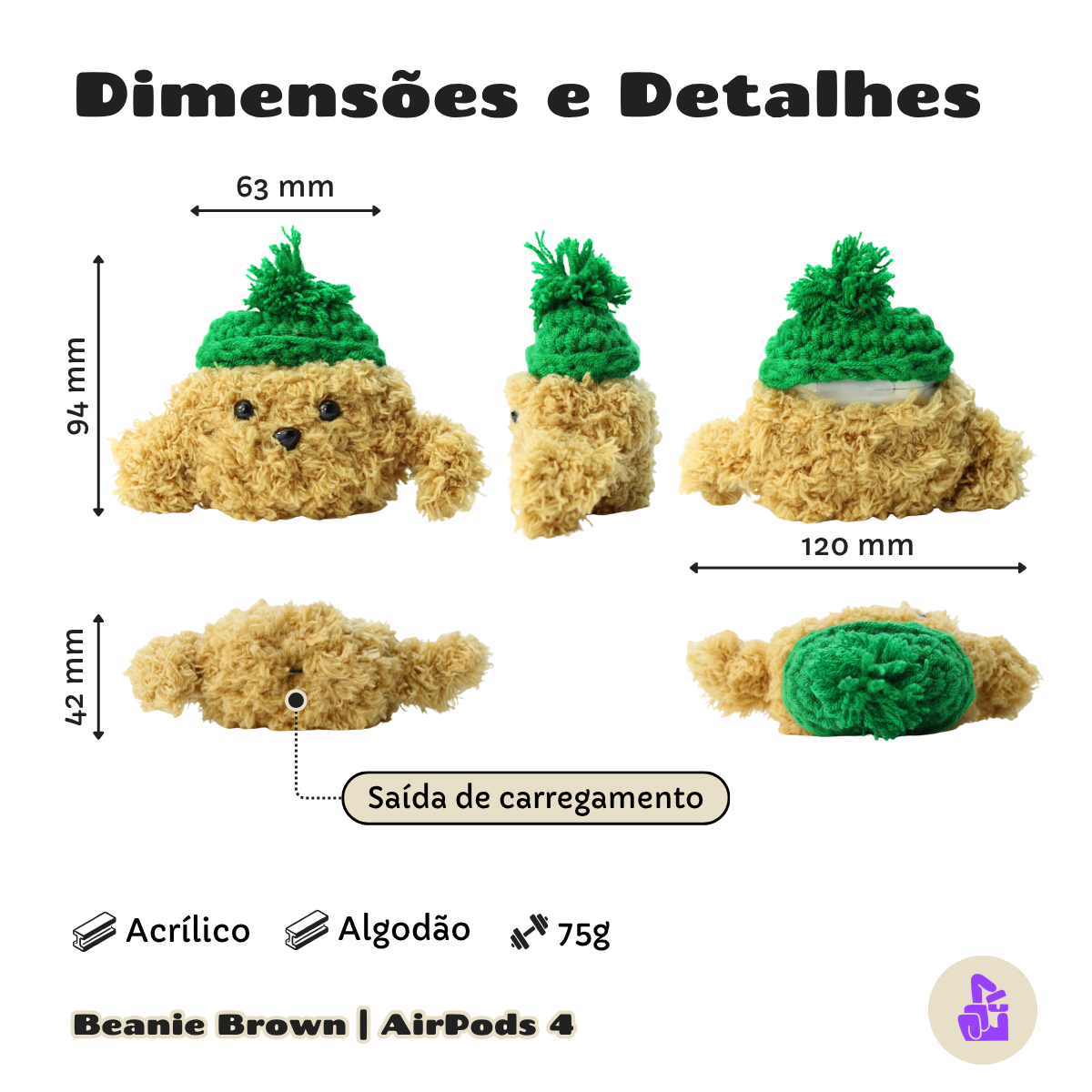 Kit Limpador para Fones e Capa de Pelúcia Nerdcase para AirPods 4, Cachorro Beanie Brown
