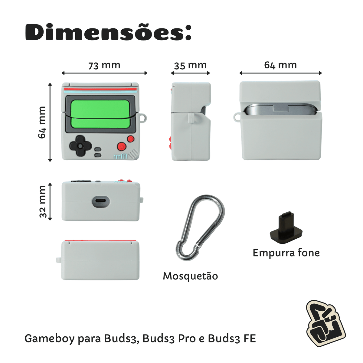 Capa Protetora Nerdcase para Samsung Galaxy Buds 3, Buds 3 Pro, Buds 3 Fe, Silicone, Gameboy