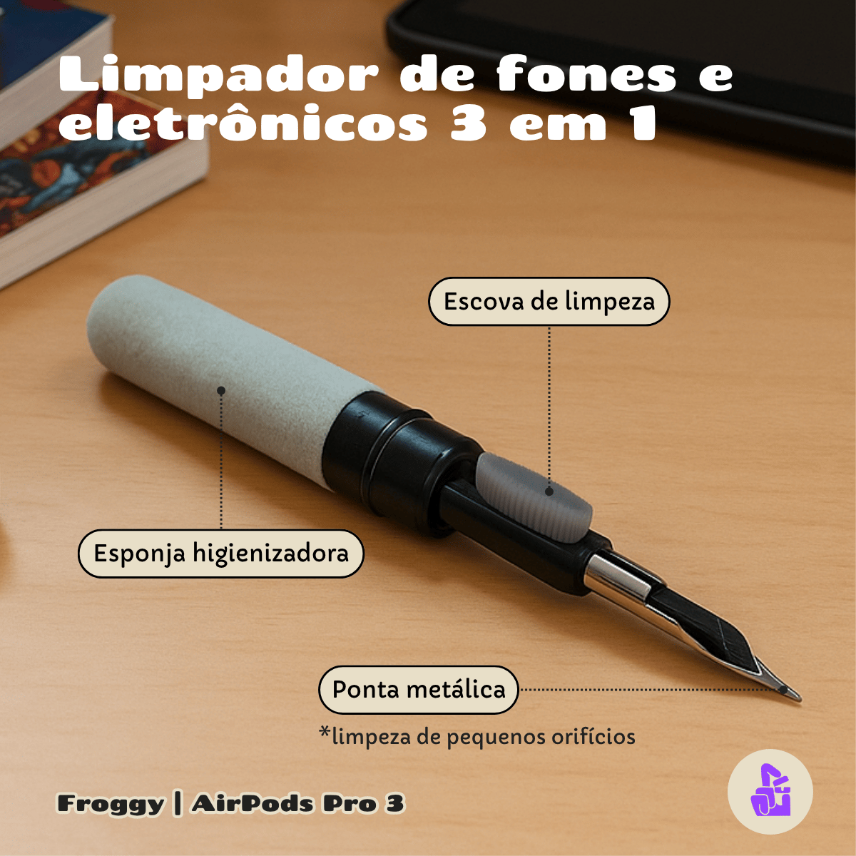 Kit Limpador para Fones e Capa Protetora de Silicone Nerdcase para AirPods Pro 3, Peixe Froggy
