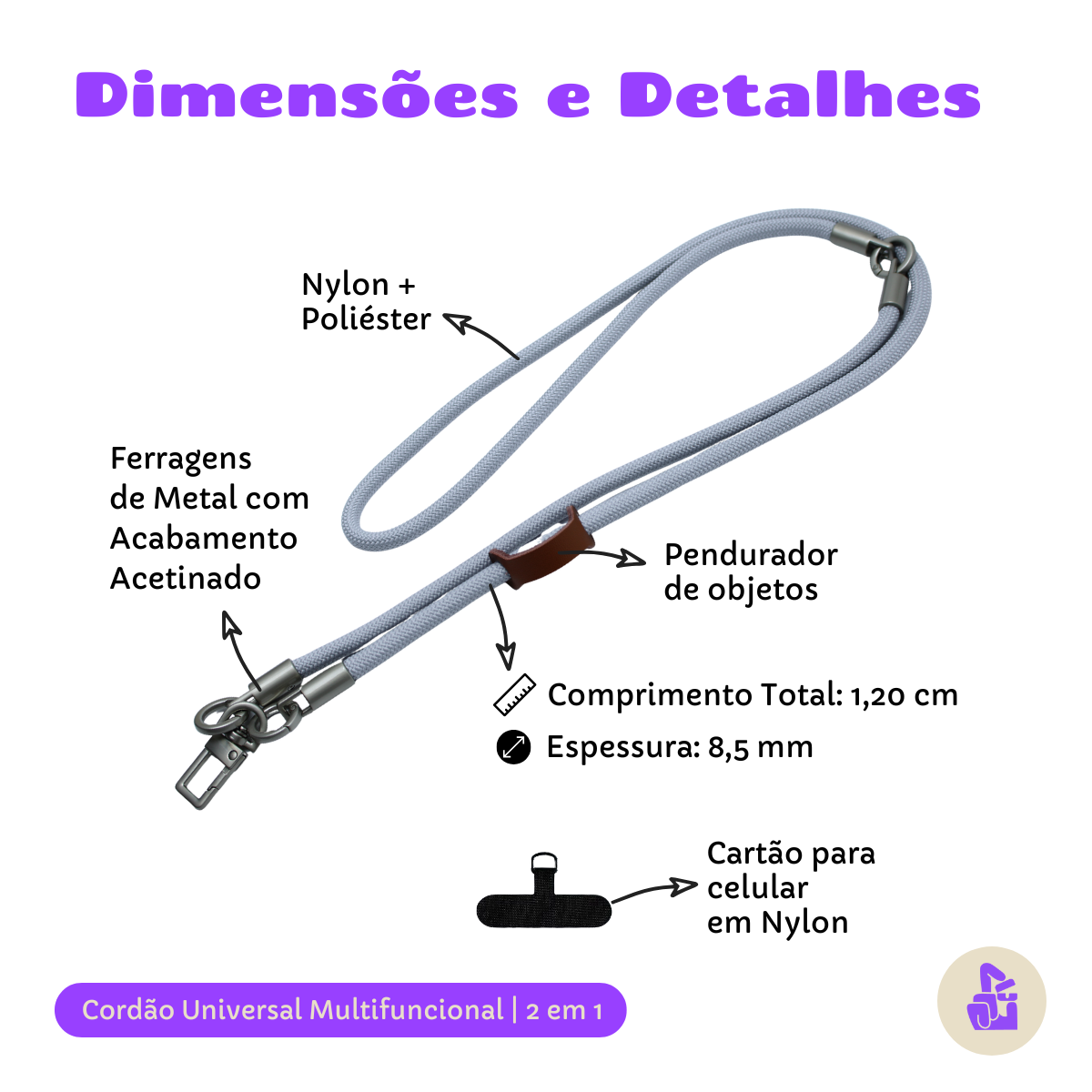 Cordão para celular Universal Nerdcase, 2 em 1, Pulso e Pescoço, Cinza (1,20m)