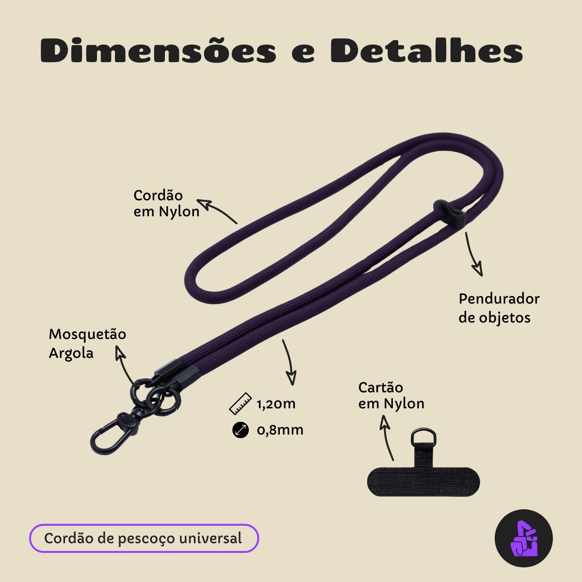 Cordão de Pescoço Universal Nerdcase para Celular, Nylon, Roxo (1,20m)