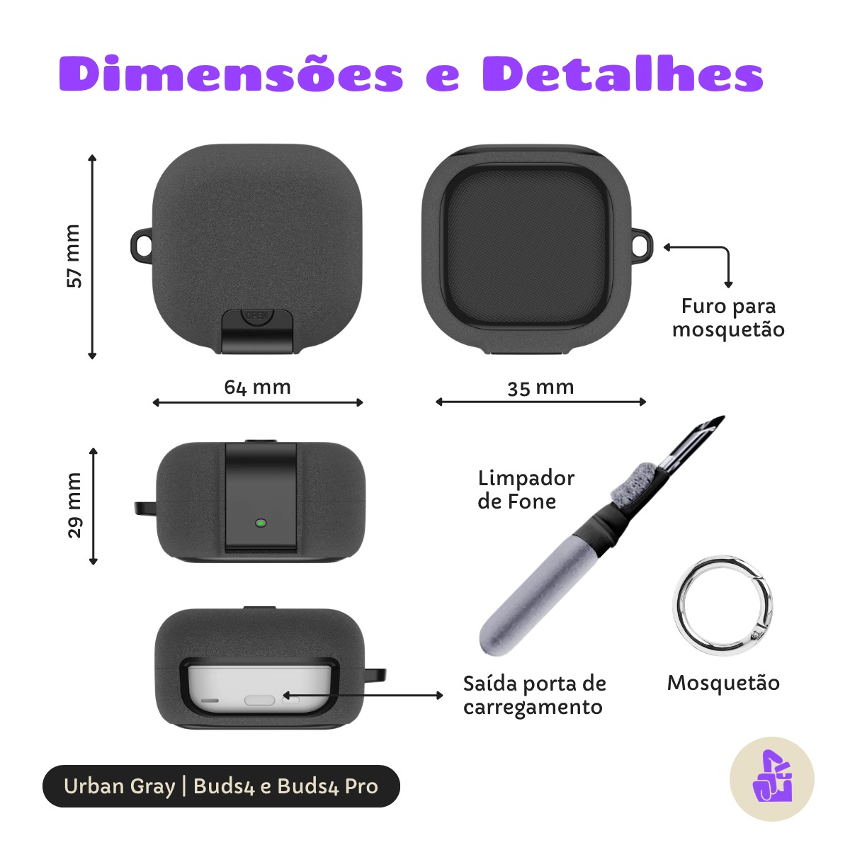 Kit Limpador para Fones e Capa Protetora Urban Nerdcas para Samsung Galaxy Buds 4, Cinza, Com Suporte Adaptado
