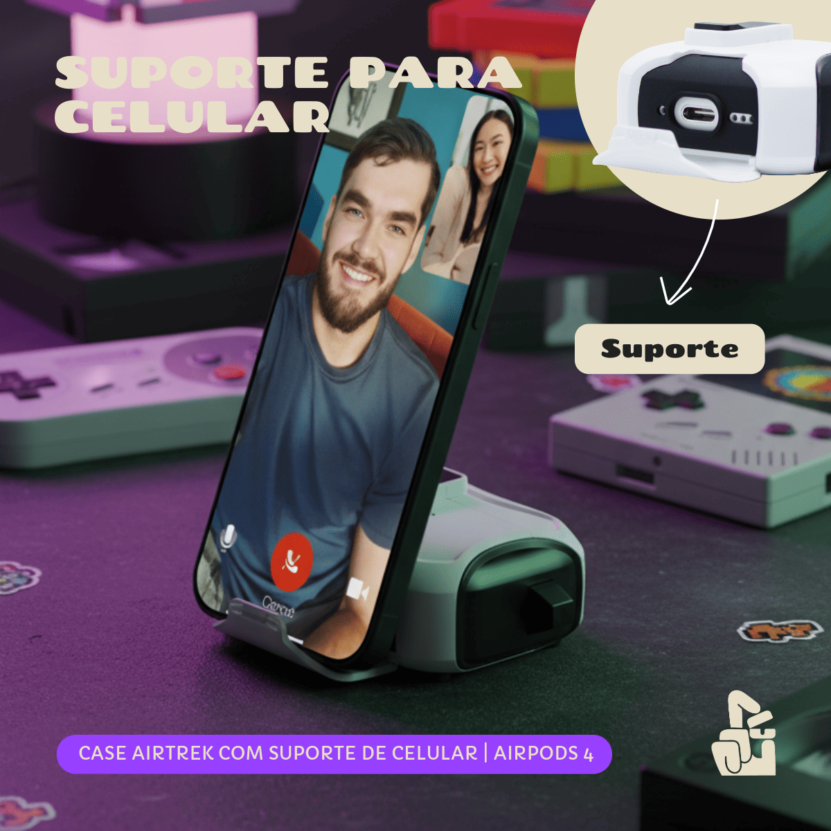 Capa Airtrek Nerdcase para AirPods 4, Suporte Adaptado, Preto e Branco