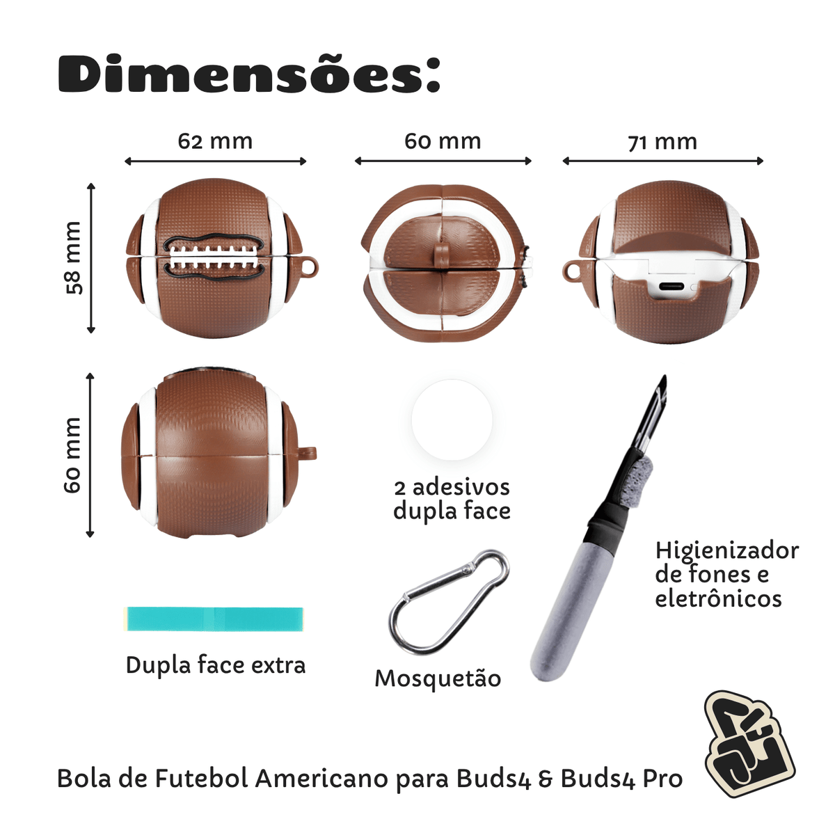 Kit Limpador para Fone e Capa Protetora Nerdcase para Galaxy Buds 4, Buds 4 Pro, Silicone, Bola de Futebol Americano