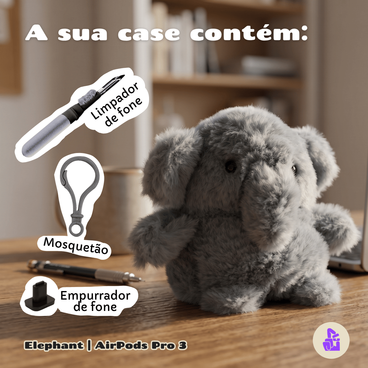 Kit Limpador para Fones e Capa de Pelúcia Nerdcase para AirPods Pro 3, Elefante Cinza