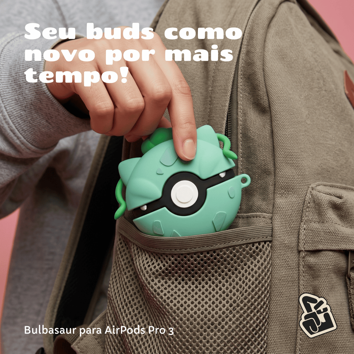 Kit Limpador para Fone e Capa Protetora Nerdcase para AirPods Pro 3, Silicone, Pokémon Bulbassauro