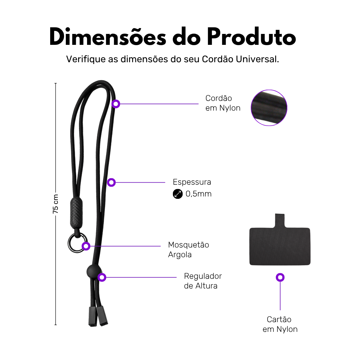 Cordão Universal Nerdcase para Celular, 75cm, Preto