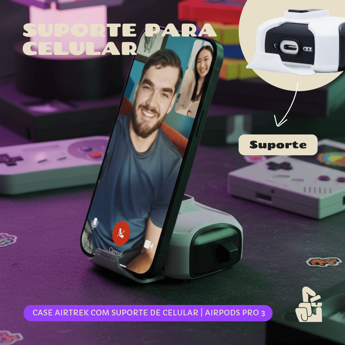 Kit Limpador para Fones e Capa Protetora Airtrek Nerdcase para AirPods Pro 3, Suporte Adaptado, Preto e Branco