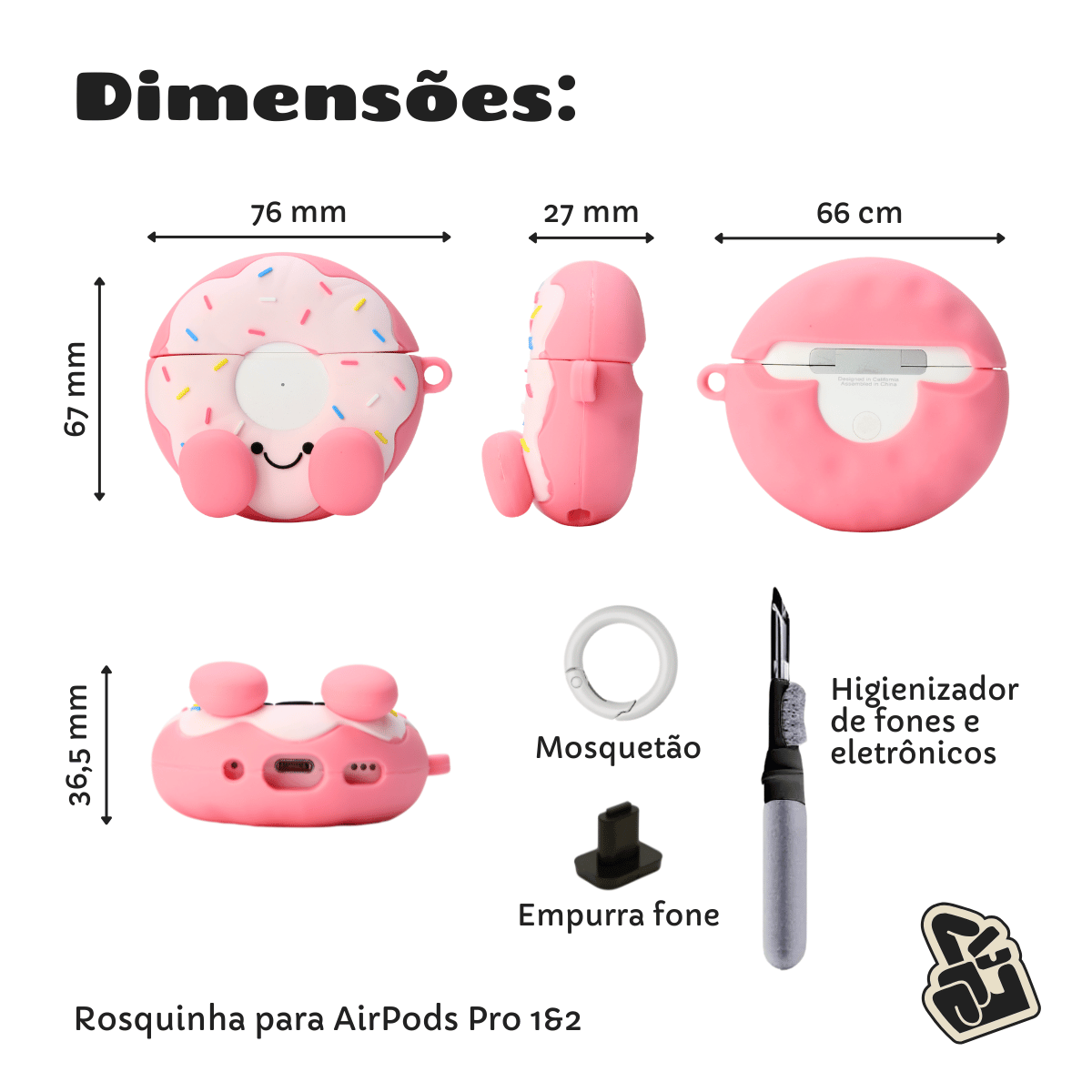 Kit Limpador para Fones e Capa Protetora de Silicone Nerdcase para AirPods Pro 1 e 2, Rosquinha Donuts Rosa