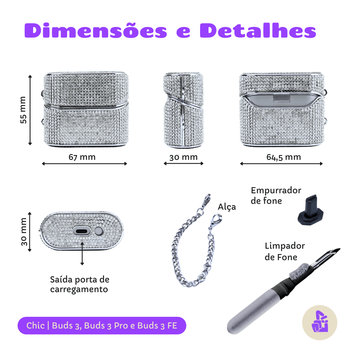 Kit Limpador para Fones e Capa Protetora Chic Nerdcase para Galaxy Buds 3, Buds Pro 3, Buds3 FE, Strass Prata