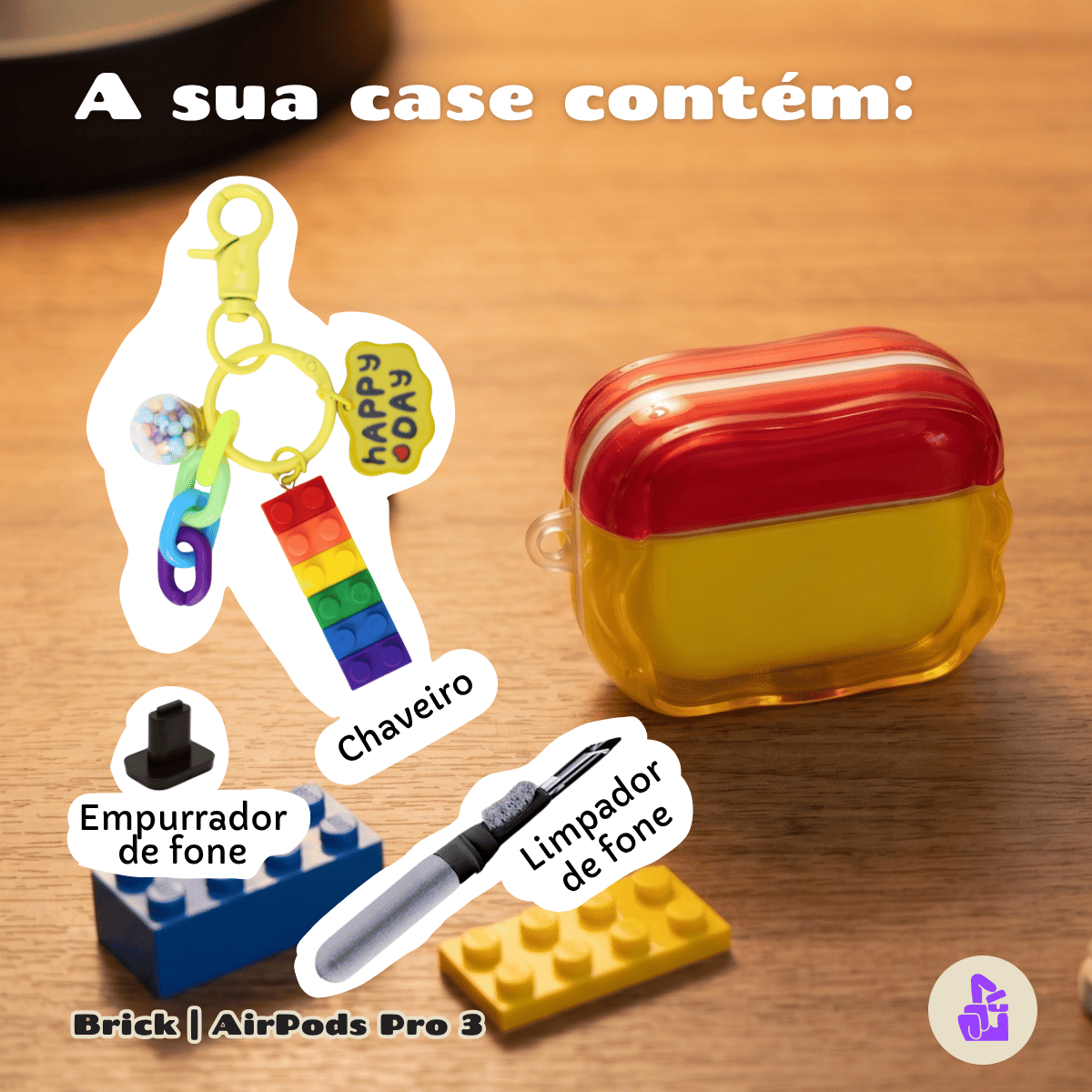 Kit Limpador para Fones e Capa Protetora de Silicone Nerdcase para AirPods Pro 3, Lego Brick