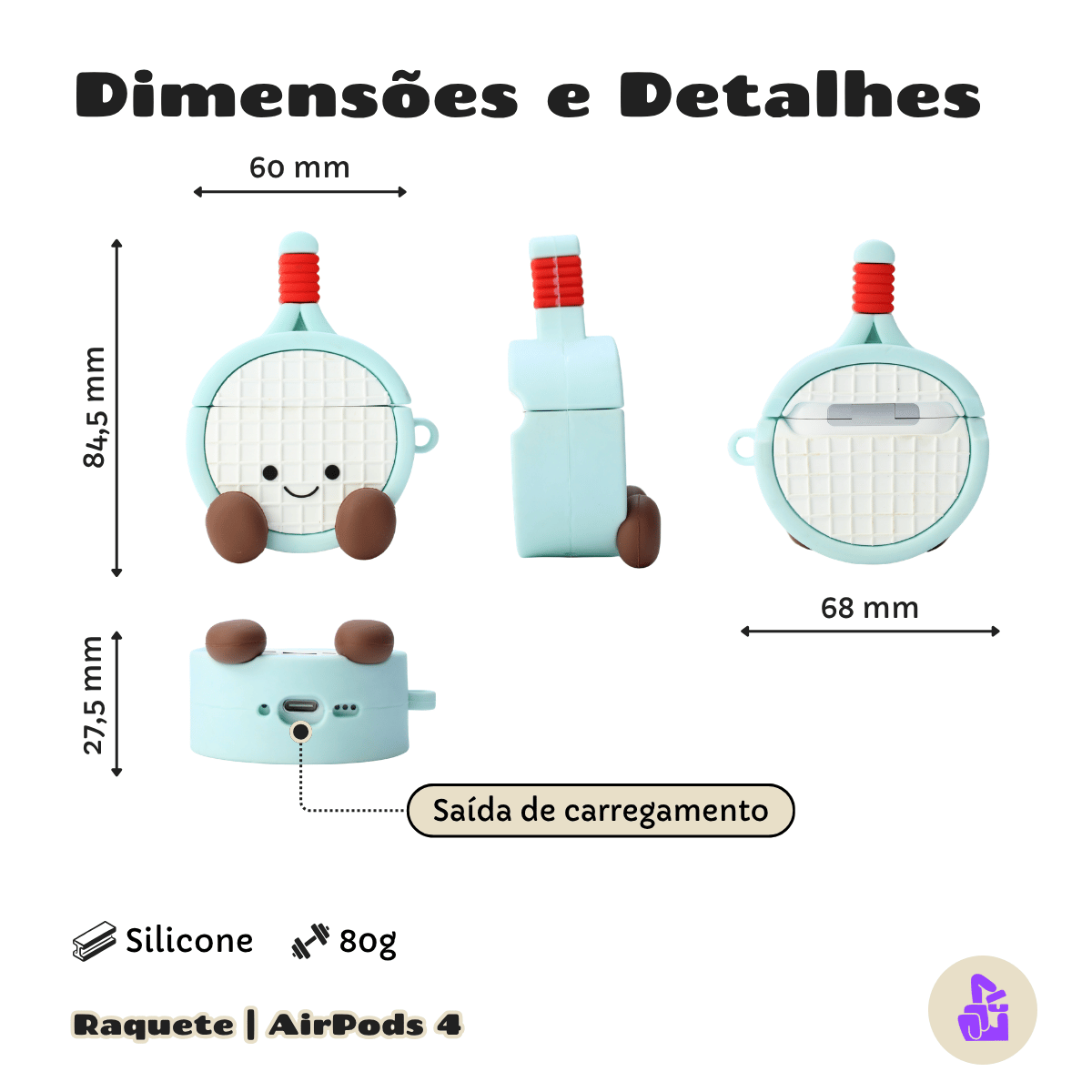 Kit Limpador para Fones e Capa Protetora de Silicone Nerdcase para AirPods 4, Raquete Azul